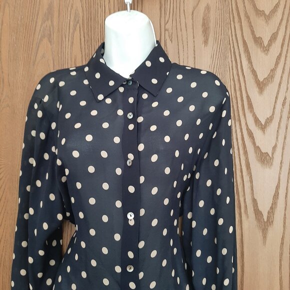 Valerie Stevens Silk Navy Blue White Polka Dot Blouse Size 14W - Picture 2 of 5
